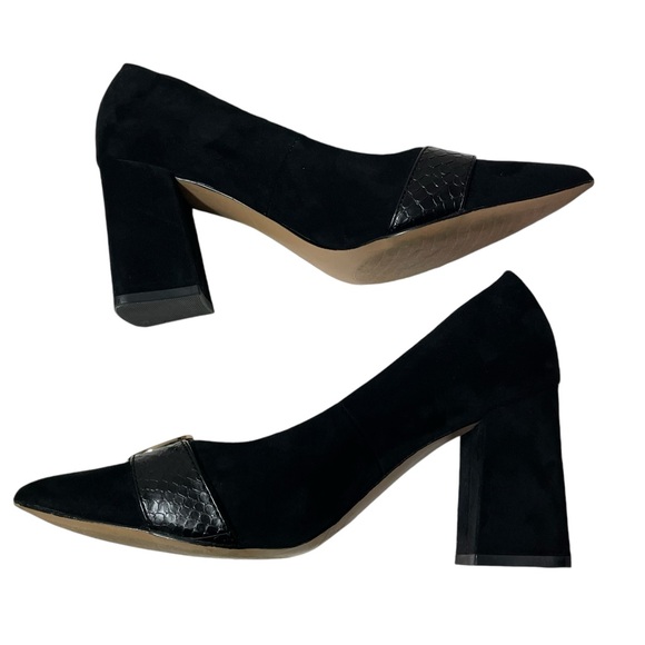 Michael Michael Shannon Black Suede Point Toe Gold Embellished Block Heels 7.5 - Picture 7 of 13